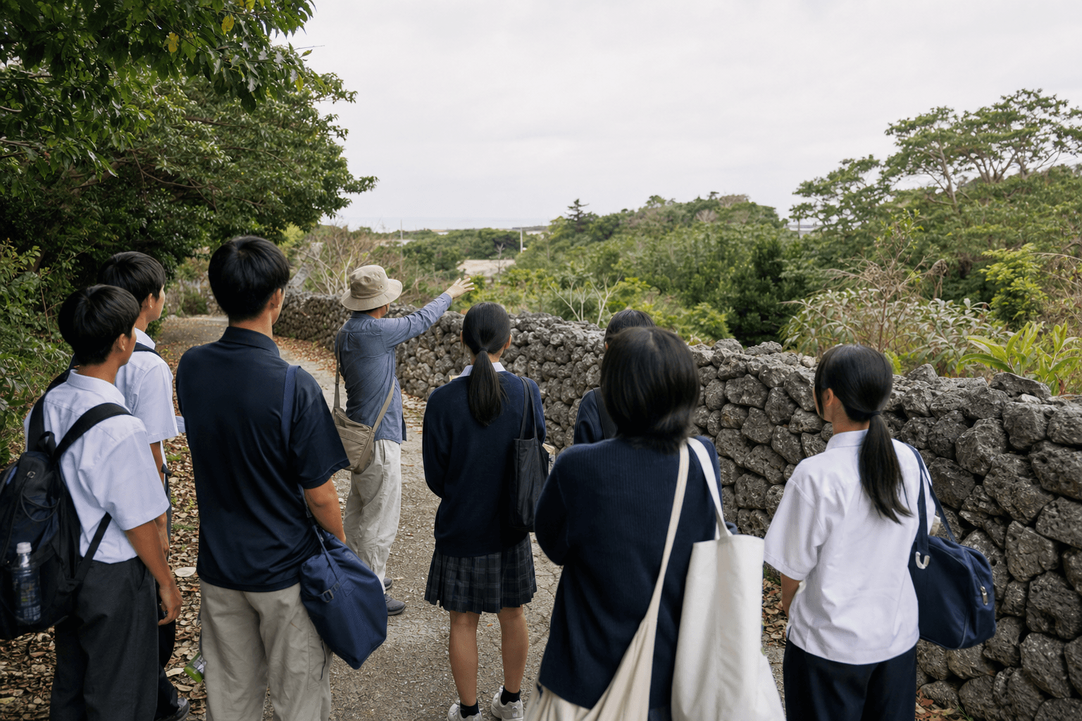 読谷の現地で平和学習を行う様子を表したサンプル写真
